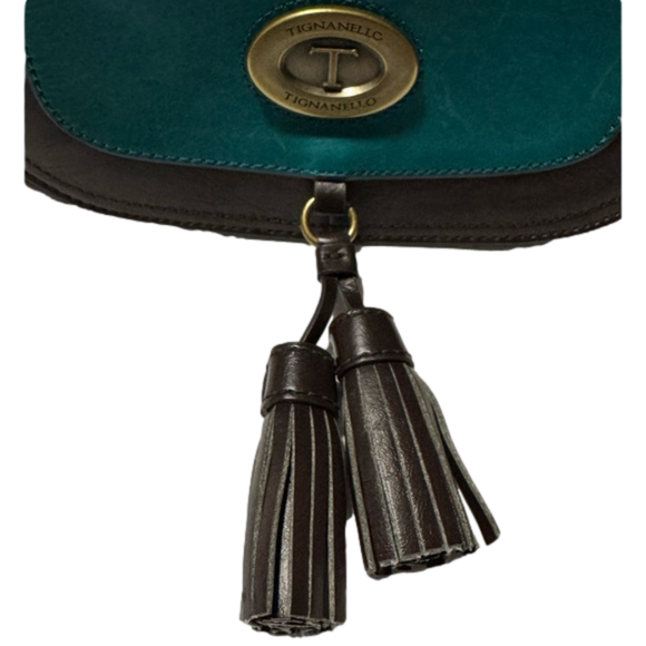 Tignanello Vintage Status Saddle Flap Teal & Brown Leather Crossbody Bag - Picture 2 of 7